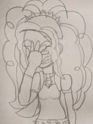 Size: 1500x2000 | Tagged: safe, artist:mrtheamazingdude, artist:mtad2, adagio dazzle, equestria girls, facepalm, monochrome, solo, traditional art