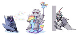 Size: 1504x700 | Tagged: safe, artist:yrxcl, derpibooru import, rainbow dash, pegasus, pony, balloon, megatron, rocking horse, singing, soundwave (transformers), starscream, text, transformers, transformers prime