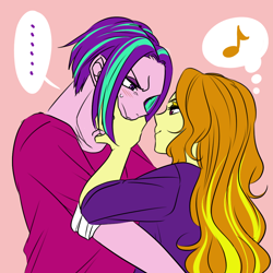 Size: 1000x1000 | Tagged: safe, artist:raika0306, adagio dazzle, aria blaze, ouvertis grandioso, equestria girls, rainbow rocks, ..., adaria, alternate hairstyle, clothes, couple, cute, female, looking at each other, male, rule 63, shipping, simple background, smiling, straight, straight hair