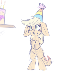 Size: 1280x1600 | Tagged: safe, artist:heir-of-rick, applejack, monster pony, original species, pony, tatzlpony, behaving like a dog, bipedal, birthday, birthday cake, cake, cute, drool, floppy ears, food, hat, impossibly large ears, jackabetes, sketch, solo, species swap, tatzljack