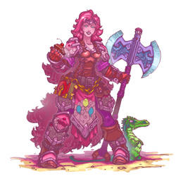 Size: 1080x1080 | Tagged: safe, artist:art-veider, gummy, pinkie pie, human, armor, axe, cupcake, fantasy class, food, humanized, solo, weapon