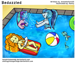 Size: 1251x1035 | Tagged: safe, artist:tenebrisdawnmlp, adagio dazzle, aria blaze, sonata dusk, oc, oc:penora melody, comic:bedazzled, equestria girls, bikini, clothes, cute, midriff, one-piece swimsuit, swimming pool, swimsuit, the dazzlings