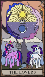 Size: 413x713 | Tagged: safe, artist:jykinturah, discord, princess celestia, princess luna, rarity, twilight sparkle, twilight sparkle (alicorn), alicorn, pony, unicorn, fanfic:the enchanted library, canterlot, everfree forest, female, jewelry, lesbian, necklace, ponyville, rarilight, scar, shipping, tarot card