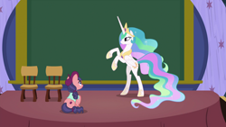 Size: 1920x1080 | Tagged: safe, screencap, princess celestia, raspberry beret, alicorn, pony, horse play, bipedal, rearing