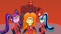 Size: 1920x1080 | Tagged: safe, artist:jongoji245, adagio dazzle, aria blaze, sonata dusk, equestria girls, rainbow rocks, atrocitus, crossover, dc comics, green lantern, group, looking at you, red lantern, red lantern corps, smiling, the dazzlings