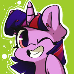 Size: 1000x1000 | Tagged: safe, artist:bloodatius, twilight sparkle, pony, female, floating eyebrows, green background, grin, looking at you, mare, one eye closed, simple background, smiling, solo, wink