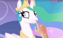 Size: 693x422 | Tagged: safe, edit, edited screencap, screencap, princess celestia, human, horse play, beautiful, boop, boop edit, cute, hand, happy, meta