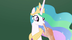 Size: 1280x720 | Tagged: safe, edit, edited screencap, screencap, princess celestia, human, horse play, acting, boop, boop edit, cute, hand, looking back, meta, surprised