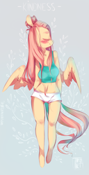 Size: 1600x3120 | Tagged: safe, artist:tamyarts, fluttershy, anthro, unguligrade anthro, belly button, blushing, clothes, eyes closed, midriff, shorts, smiling, solo, spread wings, tanktop