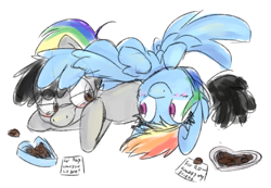 Size: 3114x2160 | Tagged: safe, artist:littleblackraencloud, derpibooru import, rainbow dash, oc, oc:moon ray, pegasus, pony, blushing, box of chocolates, canon x oc, chocolate, female, food, glasses, hearts and hooves day, hearts and hooves day cards, holiday, hug, laying on pony, male, on back, pegasus oc, prone, shipping, simple background, smiling, spread wings, valentine's day, valentine's day card, winghug, wings