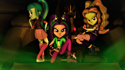 Size: 3840x2160 | Tagged: safe, artist:dj-chopin, adagio dazzle, aria blaze, sonata dusk, equestria girls, rainbow rocks, 3d, boots, bracelet, clothes, headband, high heel boots, jewelry, jojo pose, jojo's bizarre adventure, looking at you, looking back, pendant, pillar men, rear view, serious, serious face, source filmmaker, spikes, stars, the dazzlings, trio