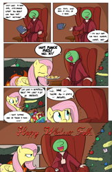 Size: 1984x3035 | Tagged: safe, artist:shoutingisfun, fluttershy, sweetie belle, oc, oc:anon, pegasus, pony, comic:the little match filly, absolutely disgusting, book, christmas tree, clothes, comic, dialogue, fireplace, fluttershy is not amused, food, mince pie, mouth hold, onomatopoeia, open mouth, peeved, pie, present, profile, robe, smiling, sofa, speech bubble, the little match girl, this will end in tears and/or death, tree, unamused
