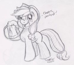 Size: 1280x1139 | Tagged: safe, artist:abbystarling, applejack, earth pony, pony, alcohol, cider, food, monochrome, solo