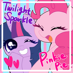 Size: 720x720 | Tagged: safe, artist:kurona, derpibooru import, pinkie pie, twilight sparkle, earth pony, pony, cute, duo, eyes closed, heart, one eye closed, open mouth, pixiv, smiling