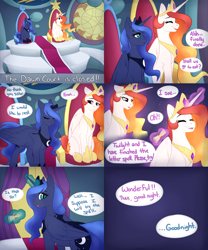 Size: 2560x3072 | Tagged: safe, artist:honiibree, princess celestia, princess luna, alicorn, pony, alternate universe, ask-moonlitlullaby, comic, female, mare, slit eyes