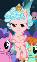 Size: 448x744 | Tagged: safe, screencap, amber grain, berry blend, berry bliss, cozy glow, peppermint goldylinks, strawberry scoop, earth pony, pegasus, pony, school raze, animated, background pony, cropped, crown, female, filly, flying, freckles, friendship student, jewelry, mare, perfect loop, pure concentrated unfiltered evil of the utmost potency, pure unfiltered evil, regalia, solo focus