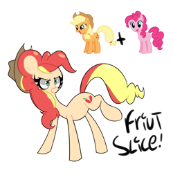 Size: 1280x1280 | Tagged: safe, artist:turtlefarminguy, applejack, pinkie pie, oc, oc:fruit slice, earth pony, pony, fusion, hat, misspelling