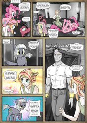 Size: 1363x1920 | Tagged: safe, artist:pencils, fluttershy, limestone pie, maud pie, pinkie pie, oc, oc:anon, oc:macdolia, oc:mascara maroon, earth pony, human, pegasus, pony, satyr, comic:anon's pie adventure, bed, blanket, blushing, bracer, candle, clothes, comic, cross-popping veins, dialogue, dock, dress, female, headband, human male, implied sex, lord of the rings, male, mare, mind control, monochrome, movie reference, neo noir, on back, pants, partial color, piggyback ride, pillow, property damage, shirt, shocked, smiling, speech bubble, the hobbit, underhoof, yelling