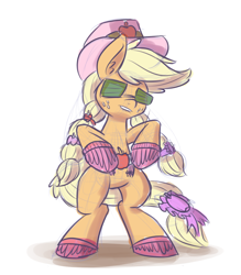 Size: 1280x1463 | Tagged: safe, artist:heir-of-rick, applejack, earth pony, pony, bipedal, clothes, fashion style, lip bite, ribbon, shoes, solo, sunglasses, swag