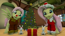 Size: 1920x1080 | Tagged: safe, artist:mrdoradofett, angel bunny, angela bunny, butterscotch, fluttershy, deer, pegasus, pony, reindeer, 3d, animal costume, christmas, christmas presents, christmas tree, clothes, costume, hat, reindeer costume, rule 63, santa costume, santa hat, self ponidox, source filmmaker, tree