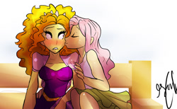 Size: 1280x791 | Tagged: safe, artist:shellielle, adagio dazzle, fluttershy, equestria girls, bench, blushing, commission, cute, female, flutterdagio, kiss on the cheek, kissing, lesbian, shipping, shyagio, sitting