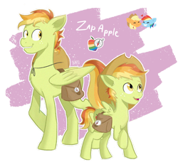 Size: 1150x1080 | Tagged: safe, artist:laescbr, derpibooru import, applejack, rainbow dash, oc, oc:zap apple, earth pony, pegasus, pony, appledash, bag, cowboy hat, freckles, hat, lesbian, magical lesbian spawn, male, next generation, offspring, parent:applejack, parent:rainbow dash, parents:appledash, pegasus oc, saddle bag, shipping, simple background, stetson, transparent background, wings