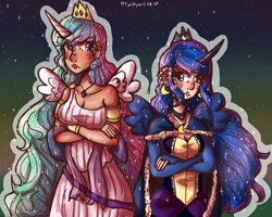 Size: 2448x1955 | Tagged: safe, artist:mylittleyuri, princess celestia, princess luna, human, a royal problem, clothes, crown, digital art, dress, horned humanization, humanized, jewelry, paint tool sai, regalia, winged humanization, wings