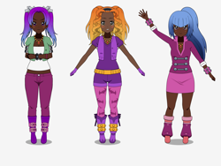 Size: 2000x1500 | Tagged: safe, artist:icey-wicey-1517 kisekae, adagio dazzle, aria blaze, sonata dusk, human, alternate hairstyle, belt, blackwashing, blushing, boots, clothes, dark skin, female, gloves, humanized, jewelry, kisekae, necklace, pigtails, ponytail, shoes, skirt, socks, spiked wristband, the dazzlings, twintails, wristband