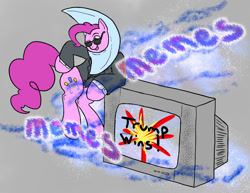 Size: 1000x773 | Tagged: safe, artist:slamjam, pinkie pie, earth pony, pony, 2016 us presidential election, 4chan, colored, drawthread, meme, meme magic, moonman, simple background, solo, sunglasses, television