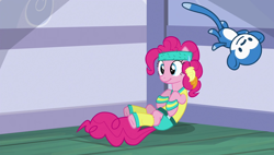 Size: 1920x1090 | Tagged: safe, screencap, pinkie pie, pony, a friend in deed, headband, plushie, solo