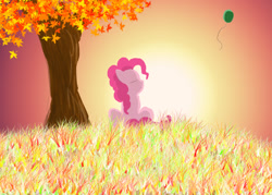 Size: 1400x1000 | Tagged: safe, artist:dragonriderelf, pinkie pie, earth pony, pony, balloon, solo, tree, up