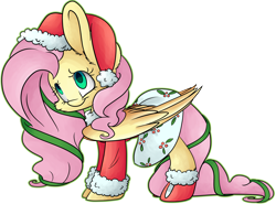 Size: 8928x6605 | Tagged: safe, artist:cutepencilcase, fluttershy, pegasus, pony, absurd resolution, clothes, costume, hat, santa costume, santa hat, simple background, smiling, socks, solo, transparent background