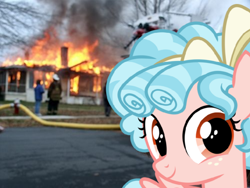Size: 1000x750 | Tagged: safe, edit, cozy glow, pony, burning, cozybetes, cute, disaster girl, irl, looking at you, meme, photo, ponies in real life, pure concentrated unfiltered evil of the utmost potency, pure unfiltered evil, some mares just want to watch the world burn