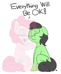 Size: 1280x1559 | Tagged: safe, artist:pabbley, edit, pinkie pie, oc, oc:anon, earth pony, ghost, pony, fanfic:bittersweet, comforting, crying, dialogue, eyes closed, floppy ears, nuzzling, simple background, white background