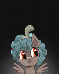 Size: 1528x1896 | Tagged: safe, artist:ilacavgbmjc, cozy glow, pegasus, pony, adoracreepy, bust, cozybetes, creepy, cute, dark background, female, filly, freckles, portrait, pure concentrated unfiltered evil of the utmost potency, pure unfiltered evil, signature, smiling, solo