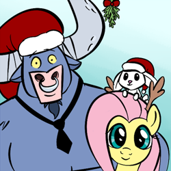 Size: 750x750 | Tagged: safe, artist:creepycurse, angel bunny, fluttershy, iron will, minotaur, pegasus, pony, rabbit, angelbetes, animal, christmas, cute, hat, holly, looking at you, reindeer antlers, santa hat, smiling, smiling at you, trio, willabetes