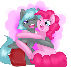 Size: 1448x1359 | Tagged: safe, artist:mondlichtkatze, pinkie pie, oc, oc:bluestreak, earth pony, pony, hug, simple background, transparent background