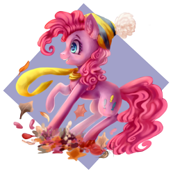 Size: 1280x1284 | Tagged: safe, artist:kukseleg, pinkie pie, earth pony, pony, autumn, clothes, hat, leaves, scarf, solo