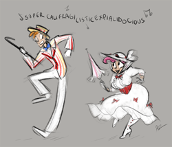 Size: 500x428 | Tagged: safe, artist:egophiliac, carrot cake, cup cake, cane, clothes, crossover, dancing, disney, dress, grin, hat, humanized, mary poppins, open mouth, skinny, slice of pony life, smiling, supercalifragilisticexpialidocious, umbrella