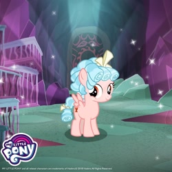 Size: 1080x1080 | Tagged: safe, cozy glow, pegasus, pony, cave, cozybetes, cute, cutie mark, face of mercy, female, filly, foal, gameloft, my little pony logo, official, official art, pure concentrated unfiltered evil of the utmost potency, pure unfiltered evil, solo, sparkles, tartarus