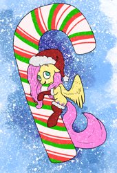 Size: 1000x1468 | Tagged: safe, artist:slamjam, fluttershy, pegasus, pony, candy, candy cane, christmas, clothes, food, hat, santa hat, snow, snowfall, solo, stockings