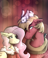 Size: 1471x1781 | Tagged: safe, artist:kikirdcz, angel bunny, big macintosh, fluttershy, earth pony, pegasus, pony, clothes, fluttermac, haystick, male, shipping, signature, stallion, straight