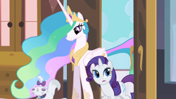 Size: 1280x720 | Tagged: safe, screencap, opalescence, princess celestia, rarity, alicorn, cat, pony, unicorn, sweet and elite, amazed, beautiful, door, eyes closed, female, flowing mane, impressed, looking around, luxury, mare, smiling, trio