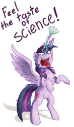 Size: 668x1136 | Tagged: safe, artist:hilloty, twilight sparkle, twilight sparkle (alicorn), alicorn, pony, erlenmeyer flask, evil grin, female, fun, grin, magic, mare, messy mane, pure unfiltered evil, rearing, science, simple background, smiling, solo, spread wings, telekinesis, this will end in science, tongue out, white background, wings