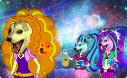 Size: 1162x714 | Tagged: safe, artist:maggiethecatwithablo, adagio dazzle, aria blaze, sonata dusk, dog, equestria girls, doge, doggo, faic, meme, nightmare fuel, the dazzlings, wat