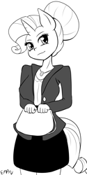 Size: 500x1000 | Tagged: safe, artist:empyu, rarity, anthro, unicorn, business suit, businessmare, clothes, hair bun, looking at you, monochrome, skirt, skirt suit, smiling, solo, suit