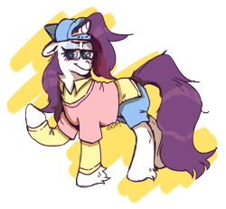 Size: 800x739 | Tagged: safe, artist:kittycoot, rarity, pony, unicorn, friendship university, abstract background, alternate hairstyle, backwards ballcap, baseball cap, cap, clothes, colored pupils, disguise, floppy ears, hat, leg fluff, plainity, solo