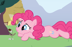 Size: 3000x1940 | Tagged: safe, artist:slb94, pinkie pie, earth pony, pony, crying, flower, frown, lying down, sad, solo