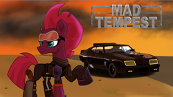 Size: 4592x2597 | Tagged: safe, artist:ejlightning007arts, derpibooru import, tempest shadow, badass, car, crossover, female, ford falcon, goggles, gun, holster, interceptor, mad max, solo, wallpaper, wasteland, weapon