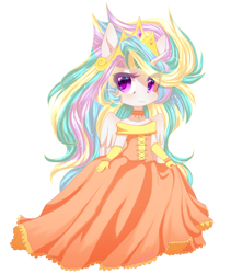 Size: 1280x1515 | Tagged: safe, artist:thenightdarksecret, princess celestia, alicorn, anthro, bipedal, clothes, crown, dress, female, jewelry, looking at you, necklace, regalia, simple background, solo, white background